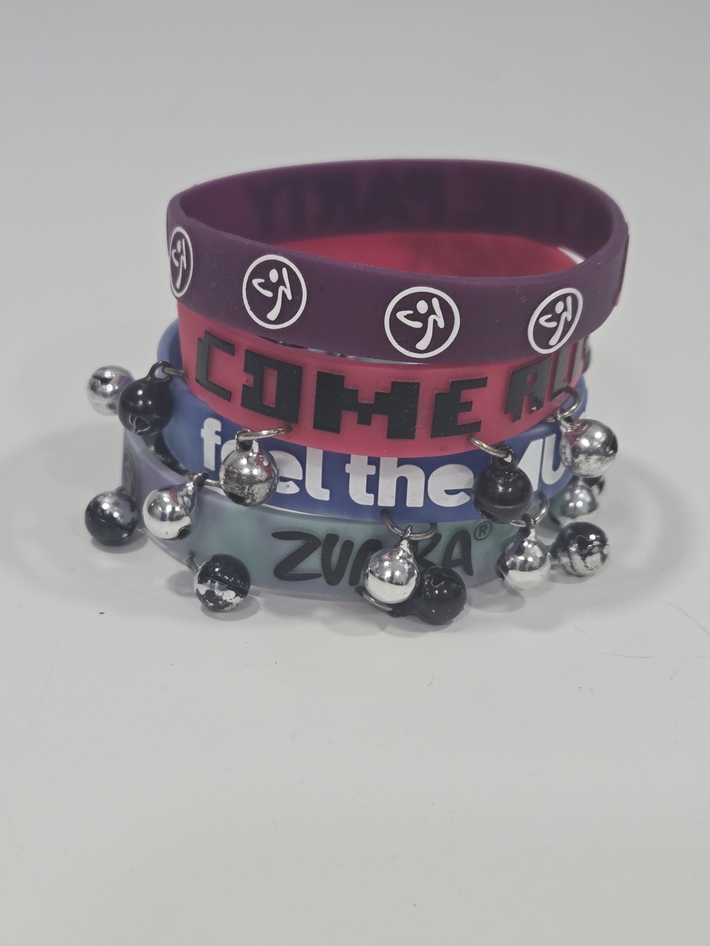 Zumba Fitness Purple, Pink & Blue Silicone Charm Bracelet Stack